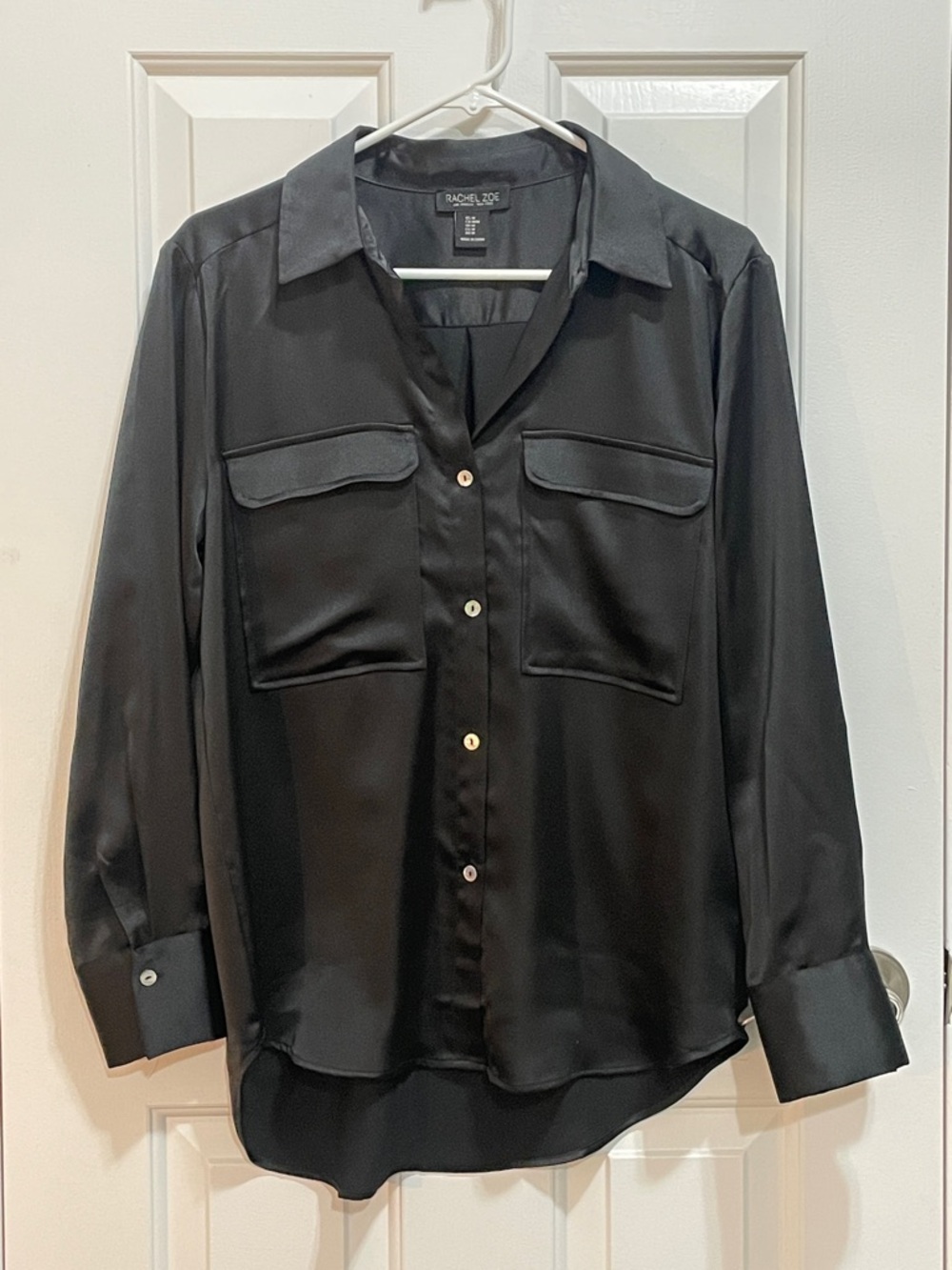Rachel Zoe Black Satin Pocket Button-Down Shirt